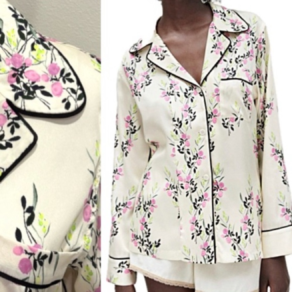 Zara Satin Floral Button Down Shirt Womens Size Small Long Sleeve Pajama Top